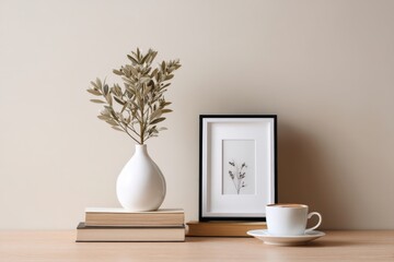 Fototapeta premium On the table, you can see a picture of a beautiful vase containing a plant