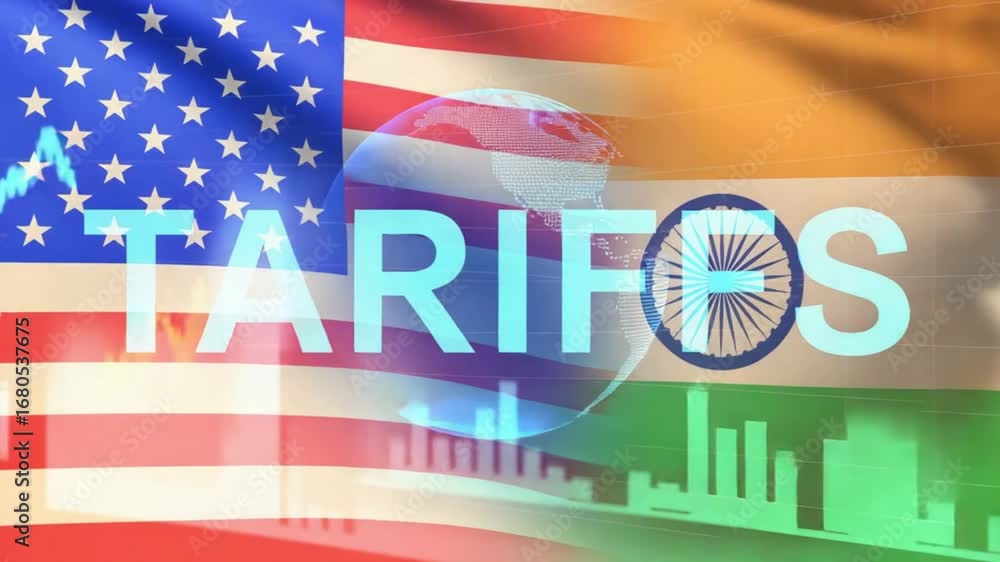 Poster united states and india flags with tariffs text and global data overlay in a digital rendering