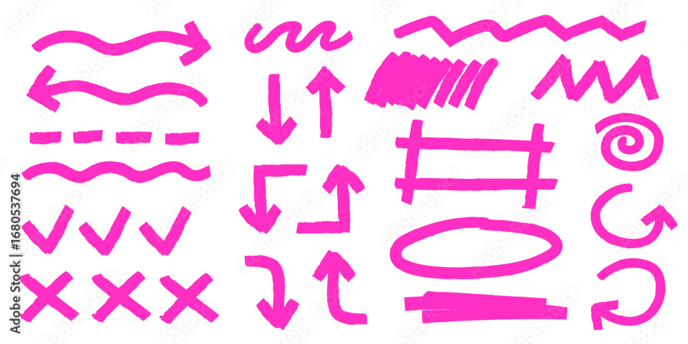 Poster pink highlight marker elements with arrows, checkmarks and hand drawn scribbles for text emphasis or
