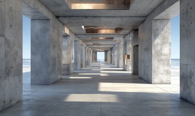 Concrete colonnade hallway leading to ocean