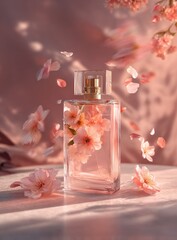 Delicate perfume bottle surrounded by floating cherry blossoms