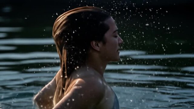 Dynamic slow-motion of a person flipping wet hair, creating a stunning water splash in sunlight.