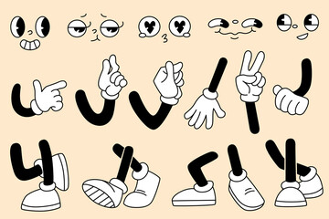 Fototapeta na wymiar Cartoon groovy collection of legs with sneakers and retro rubber hose limbs, gloved hands and expressive faces for animation style. Vintage comic character parts for stickers or mascot designs.