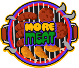 Barbeque meal, butchery store retro Y2K sticker or print. Steak BBQ 60s Y2K vector sticker, meat farm shop retro tag. Barbeque party label with chicken drumsticks, sausages and ground beef on grill