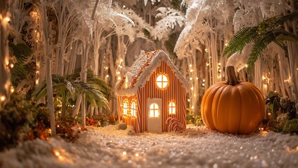 Obraz premium A small wooden house in a snowy forest with a pumpkin outside