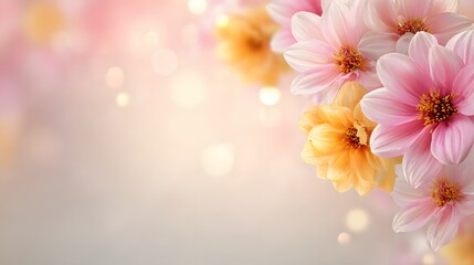 Delicate pink and peach dahlias gently frame a soft, pastel background filled with shimmering light effects.