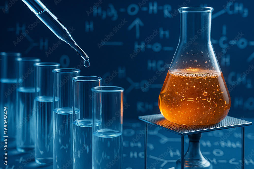 Poster ai generated conceptual science photo with glass test tubes pipette and orange liquid in flask again