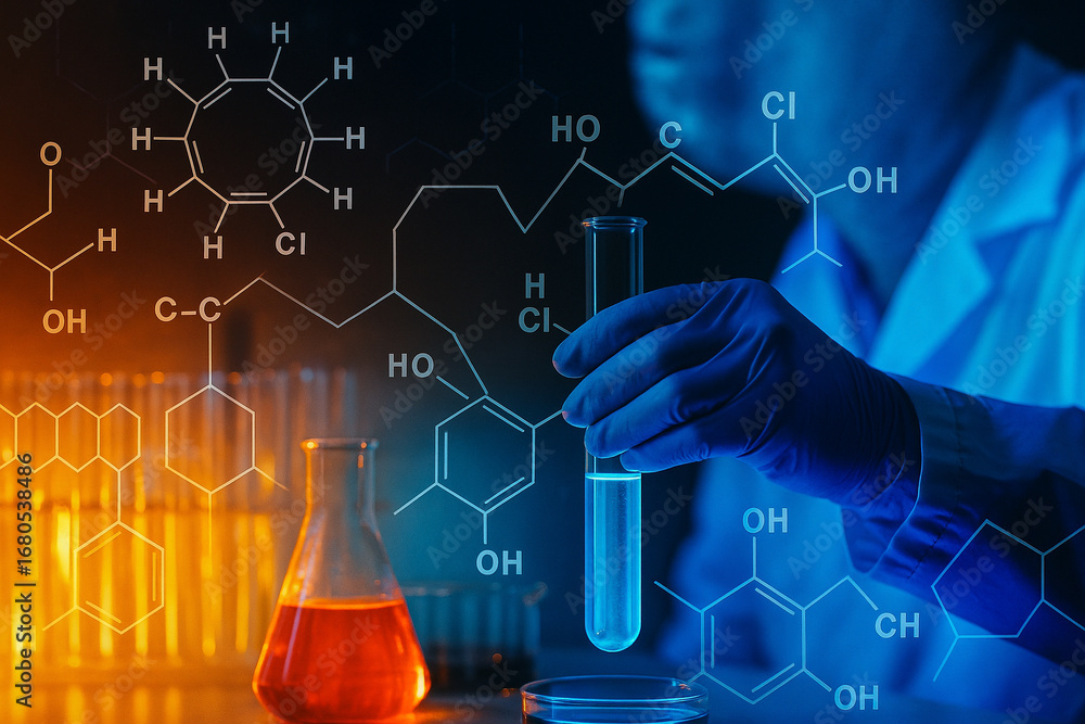 Poster ai generated scientist hand holding glowing blue test tube with chemical formulas molecular structur