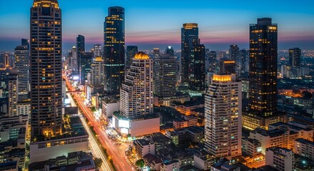 Naklejka premium Vibrant Bangkok Cityscape at Twilight with Light Trails