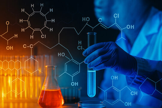 AI generated scientist hand holding glowing blue test tube with chemical formulas molecular structures and orange flask showing innovation precision and futuristic laboratory atmosphere