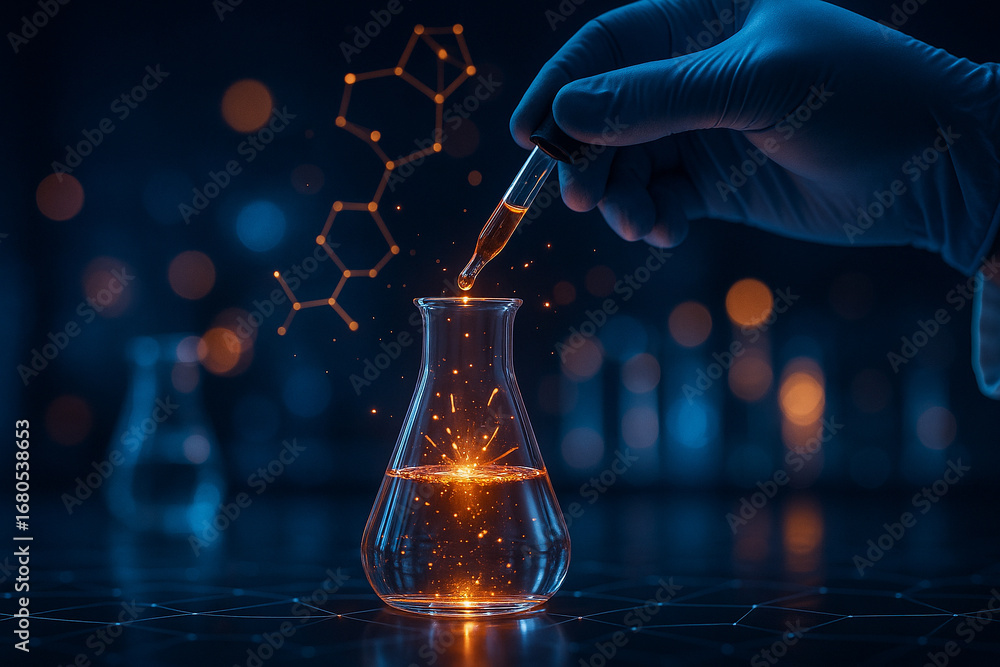 Aufkleber ai generated conceptual science artwork showing a gloved hand using pipette dropping glowing liquid 