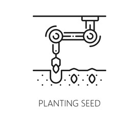 Robot smart farm icon of planting seeds technology for digital agriculture, vector line symbol. Smart farm icon of robotic seedling or seeds planting for farmer crop and agrarian farming automation