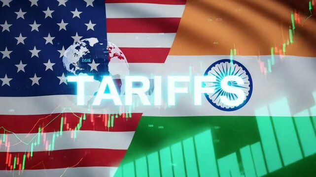 Flags of usa and india with tariffs text overlay and stock market graph, global trade implications
