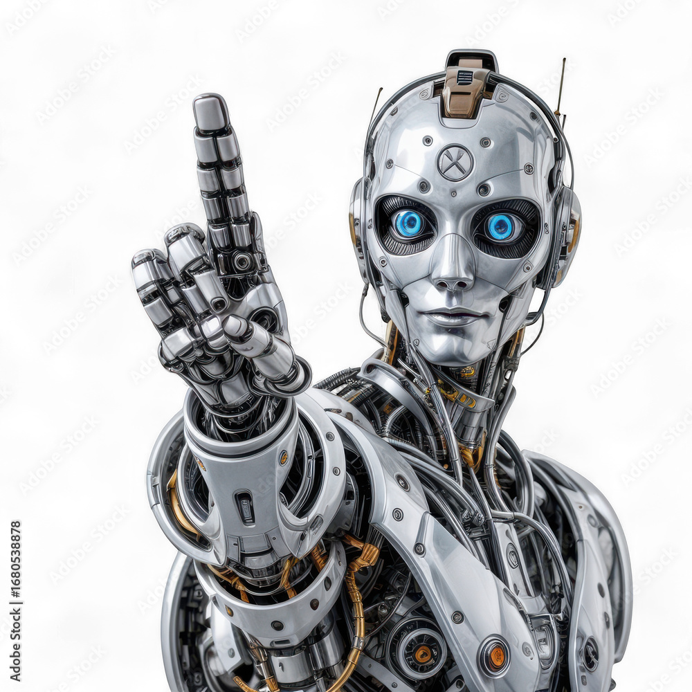 Poster advanced humanoid robot with blue eyes pointing up representing artificial intelligence and future t