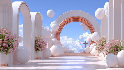 White archway, pink flowers, floating spheres