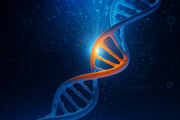 AI generated futuristic DNA helix glowing with blue and orange light blending science biology and digital technology creating a sense of innovation precision and life energy