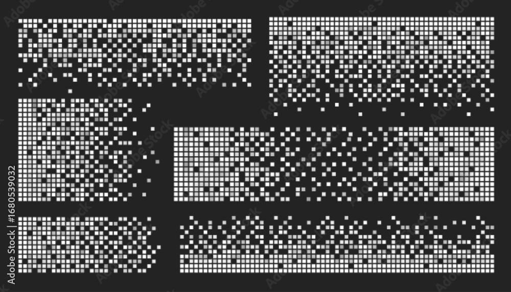 Poster cube pixel pattern set with white geometric dispersal effects, digital dissolution and data fragment