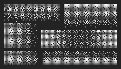Cube pixel pattern set with white geometric dispersal effects, digital dissolution and data fragmentation for tech designs. Matrix grid backgrounds with scattered blocks. Glitch art transitions