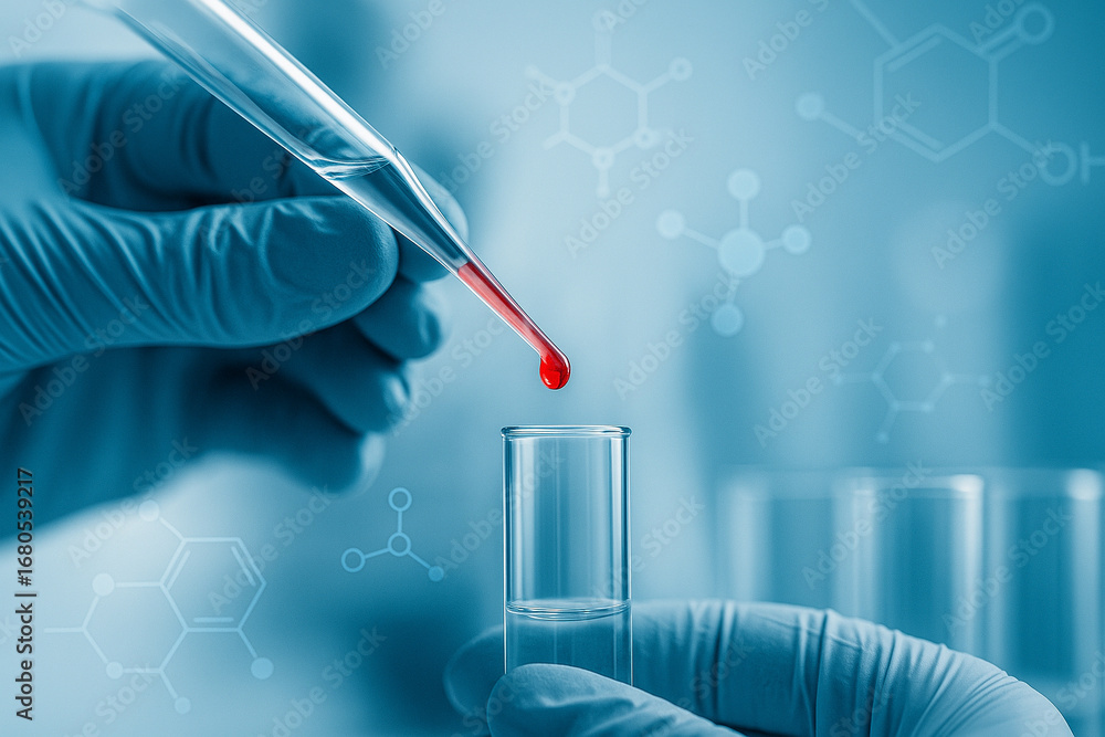 Poster ai generated digital artwork of gloved hand using pipette to drop red liquid into test tube with mol