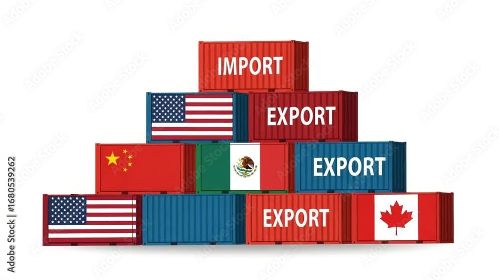 Poster stacked shipping containers with import export labels and country flags against white background ima