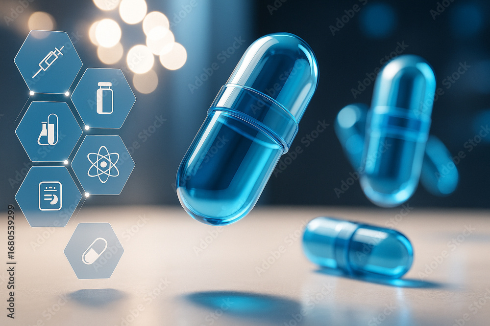 Aufkleber ai generated futuristic medical scene with glowing blue capsules floating in a clean high tech envir