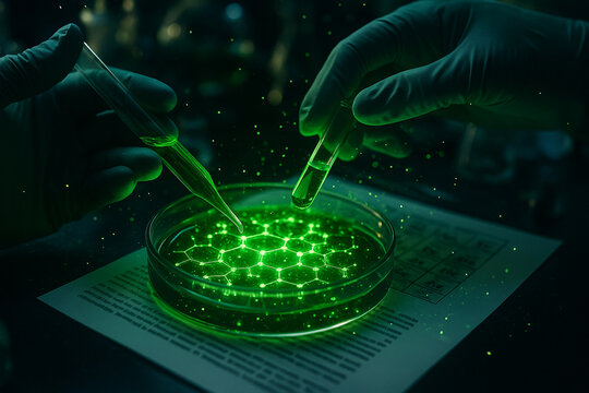 AI generated laboratory scene with green glowing liquid in petri dish pipette experiment combining realism with futuristic science innovation