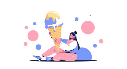 Sitting Girl Embracing Huge Ice Cream Cone, Vibrant Colors, Flat Vector Illustration
