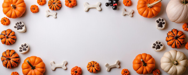 Halloween pumpkin bone treat candy paw print autumn pet cute white background border flatlay festive cozy playful minimal style