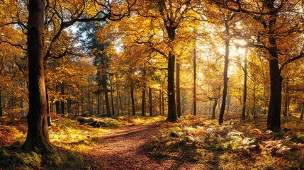 Panoramic Autumn Forest with Golden Leaves and Sunlight Filtering Through Trees, Peaceful Nature Backdrop