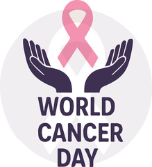 World Cancer Day design featuring hands holding a pink ribbon. Symbol of hope, awareness, and solidarity. Perfect for healthcare campaigns, prevention posters, and medical charity events.
