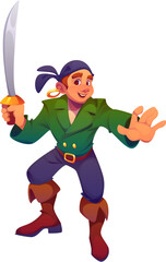 Cartoon medieval pirate and corsair boy character in dynamic pose wielding a curved sword and smiling confidently. Vector rover adventurer personage dressed in green coat and bandana hunting treasure