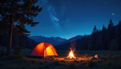 A crackling campfire under a starry summer night sky, illuminating a tent pitched amidst a serene forest The scene is peaceful and evokes the spirit of summer camping adventures , tranquil, sky