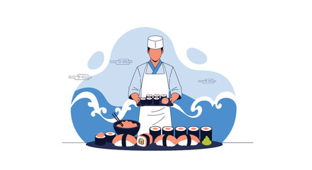 Sushi Chef Displaying Japanese Cuisine with Fresh Ingredients in Animated Illustration