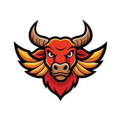 Fierce red bull mascot with fiery wings emblematic of power and strength