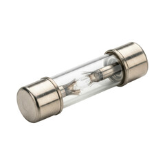 Close-up of a blown glass fuse with metallic ends on transparent background