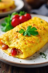 A delicious, fluffy omelet, ready to enjoy immediately Perfect for a quick and healthy breakfast or brunch on-the-go No cooking required, just open and savor!, takeaway, savory