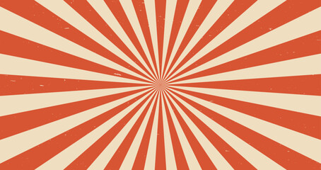 Circus retro sunlight rays background. Carnival vintage sunbeam burst layout. Vector grunge scratched backdrop with colorful muted red and beige radiating stripes creating hypnotic sunshine effect