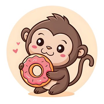 Adorable Chibi Baby Mangabey Monkey Hugging a Cute Donut Plush, Sweet Kawaii Jungle Primate Character with Playful Dessert Fantasy Charm, Whimsical Magical Cartoon Illustration