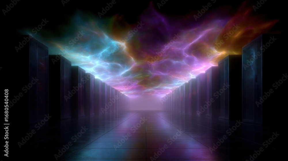Poster long corridor with rows of servers on either side. the servers are arranged in a neat and orderly ma