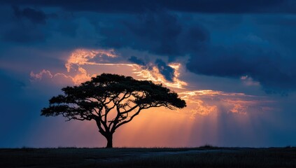 Solitary tree silhouetted against a dramatic sunset, with vibrant clouds and sun rays breaking through