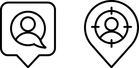 Two simple outline icons representing social media engagement and location targeting for digital marketing silhouette