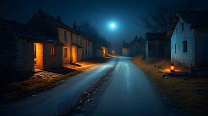 A quiet village road is illuminated by the full moon and small light sources in the peaceful night.