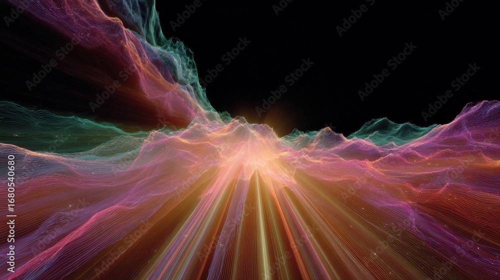 Poster abstract digital art piece that appears to be a futuristic or sci-fi scene. it has a dark background