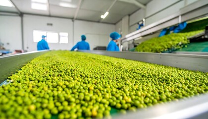 Green olives moving along a processing plant conveyor belt