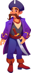 Cartoon medieval pirate and corsair character in tricorn hat. Isolated vector swashbuckling sea rover personage with mustaches and saber, ready for nautical adventures and mysterious treasure hunts