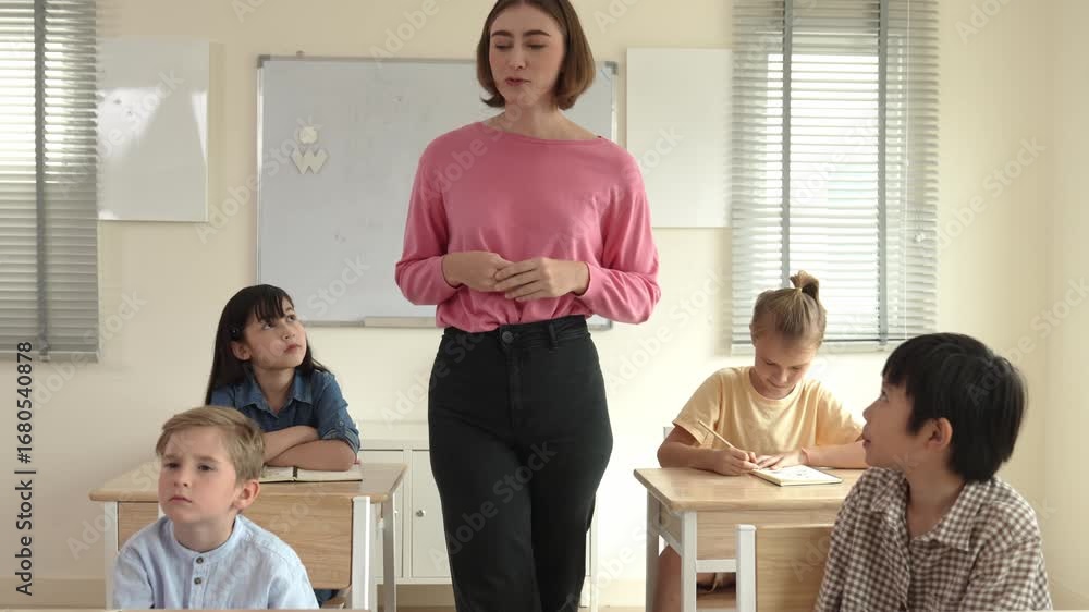 Poster caucasian teacher walking around classroom while explain classwork. attraction instructor talking an