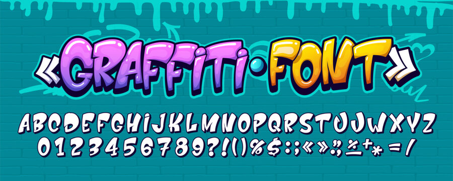 Street art graffiti font, urban typeface letters on wall. Cartoon vector retro comic bold type, fun alphabet typography, colorful abc numbers and signs, uppercase characters with dripping paint effect