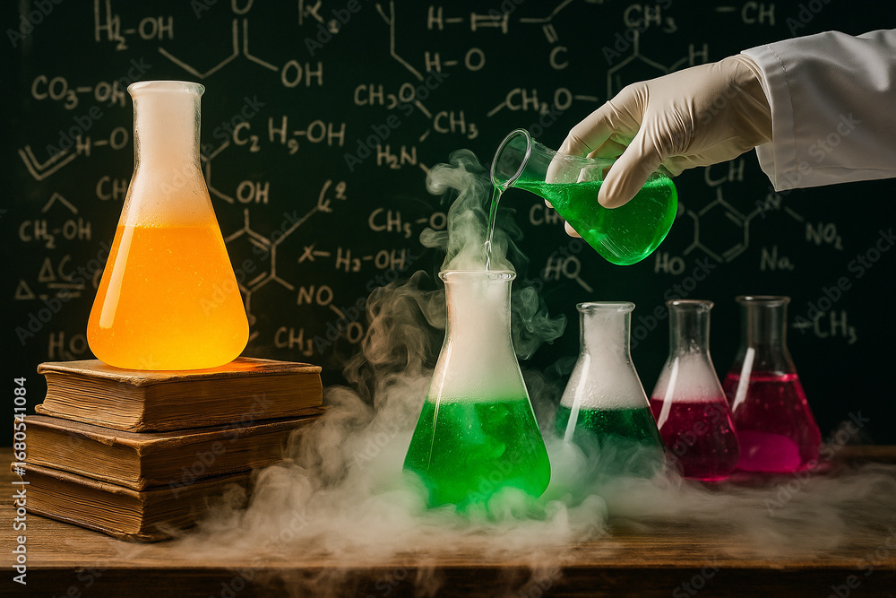 Poster ai generated science fantasy artwork showing flasks with colorful liquids and smoke reaction on wood