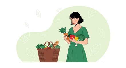 Woman Examining Fresh Organic Vegetables From Basket, Healthy Lifestyle, Green Dress