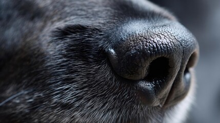 Close-up of a dog's nose. the nose appears to be wrinkled and has a dark brown color. the fur around the nose is black and appears to have a rough texture.